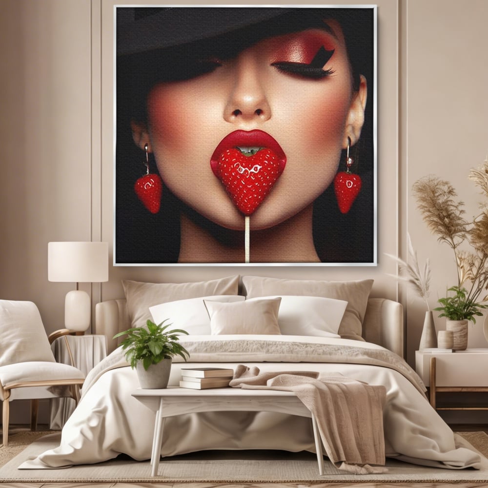 Tablou canvas cu tablou canvas cu buze rosii si capsuna, in rama de aluminiu argintiu, pe perete intr-un dormitor